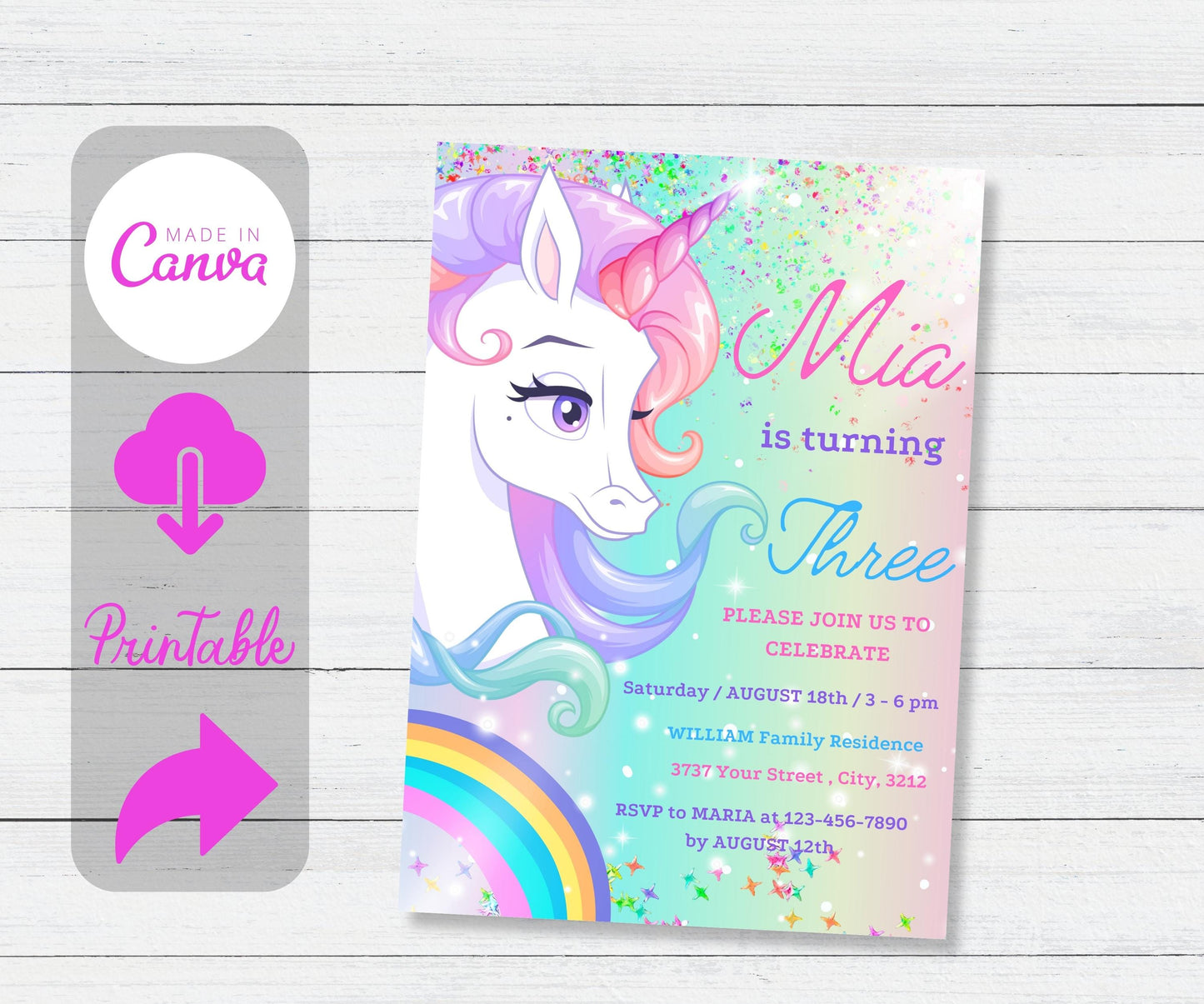 Unicorn Birthday Invitation | Pastel Rainbow Party Invite | Sparkle Design | Downloadable Printable Canva Template for Girls