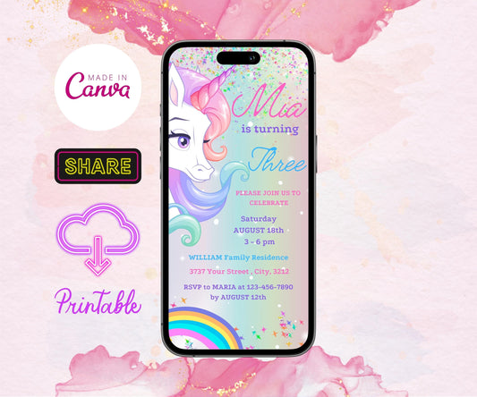 Rainbow Unicorn Electronic Invitation, Editable Pastel Unicorn Party Phone Birthday Evite Template, Digital Colorful Unicorn Birthday Invite