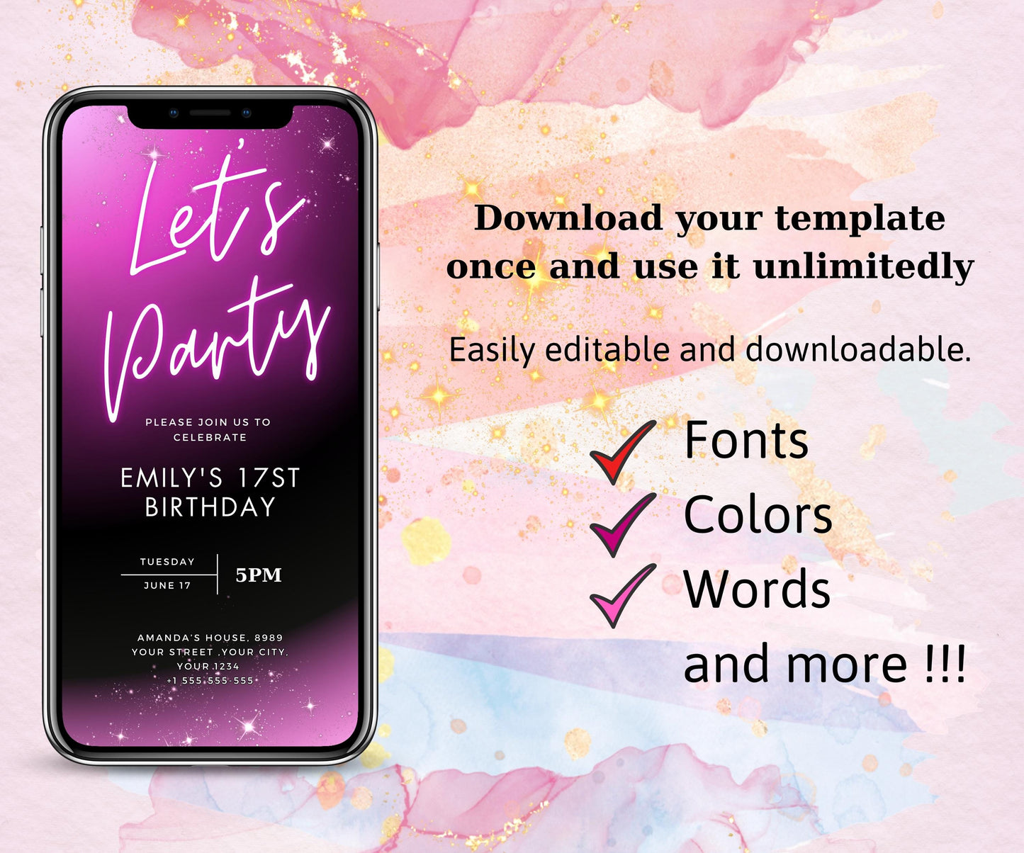 Neon Pink Light Digital Party e-invite Template, Birthday Text Message Invitation, Downloadable Phone Party Evite, Black Neon Pink e-Invite