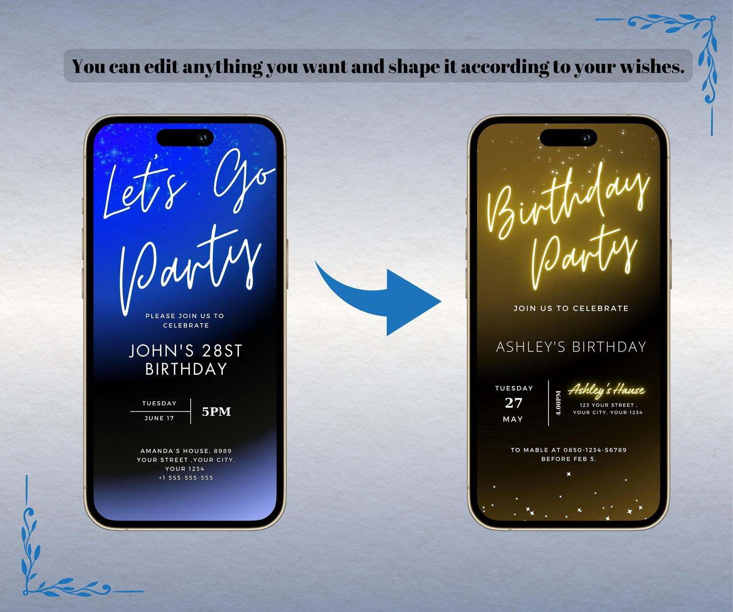 Neon Dark Blue Light Digital Party e-invite Template, Birthday Text Message Invitation, Downloadable Phone Party Evite, Dark Blue Pink evite