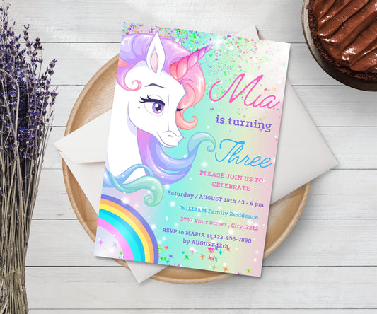 Unicorn Birthday Invitation | Pastel Rainbow Party Invite | Sparkle Design | Downloadable Printable Canva Template for Girls