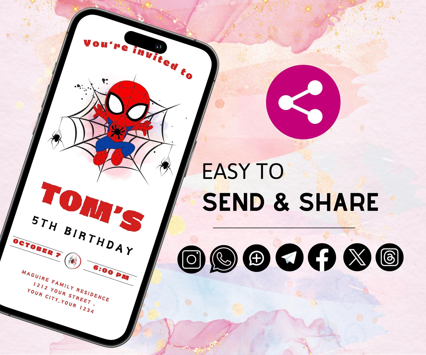 Editable Spiderman Mobile Invitation | Spiderman Birthday Party evite | Spider man Electronic Evite | Editable With Canva | Instant Download