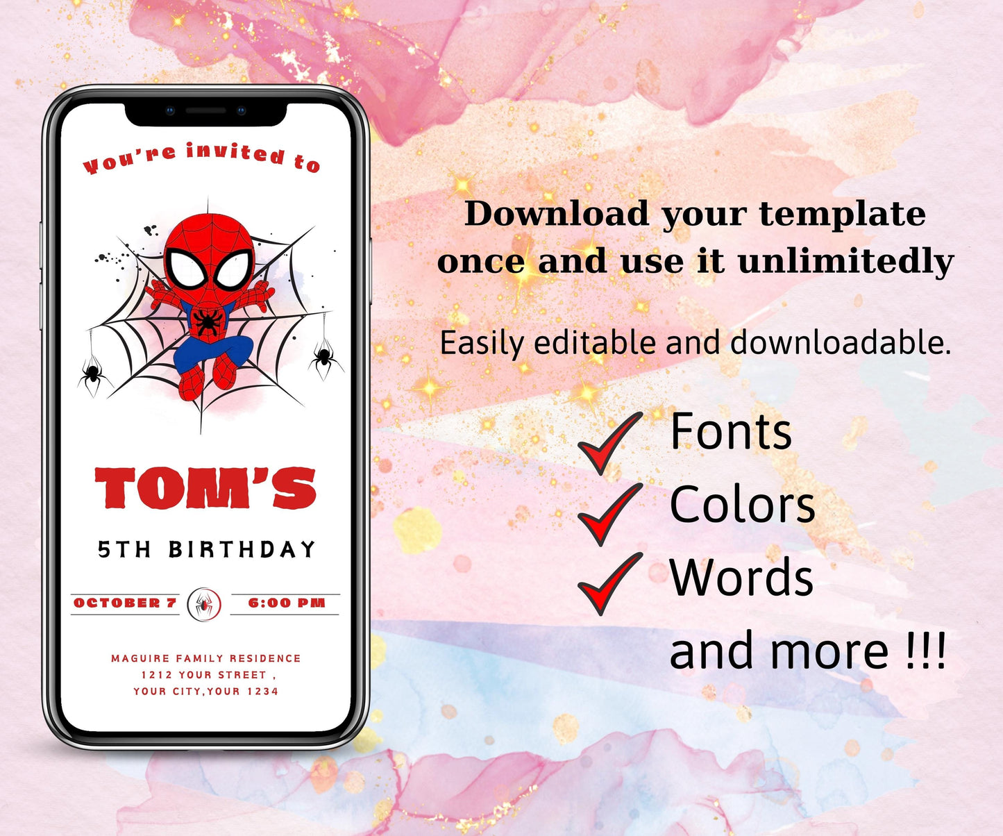 Editable Spiderman Mobile Invitation | Spiderman Birthday Party evite | Spider man Electronic Evite | Editable With Canva | Instant Download