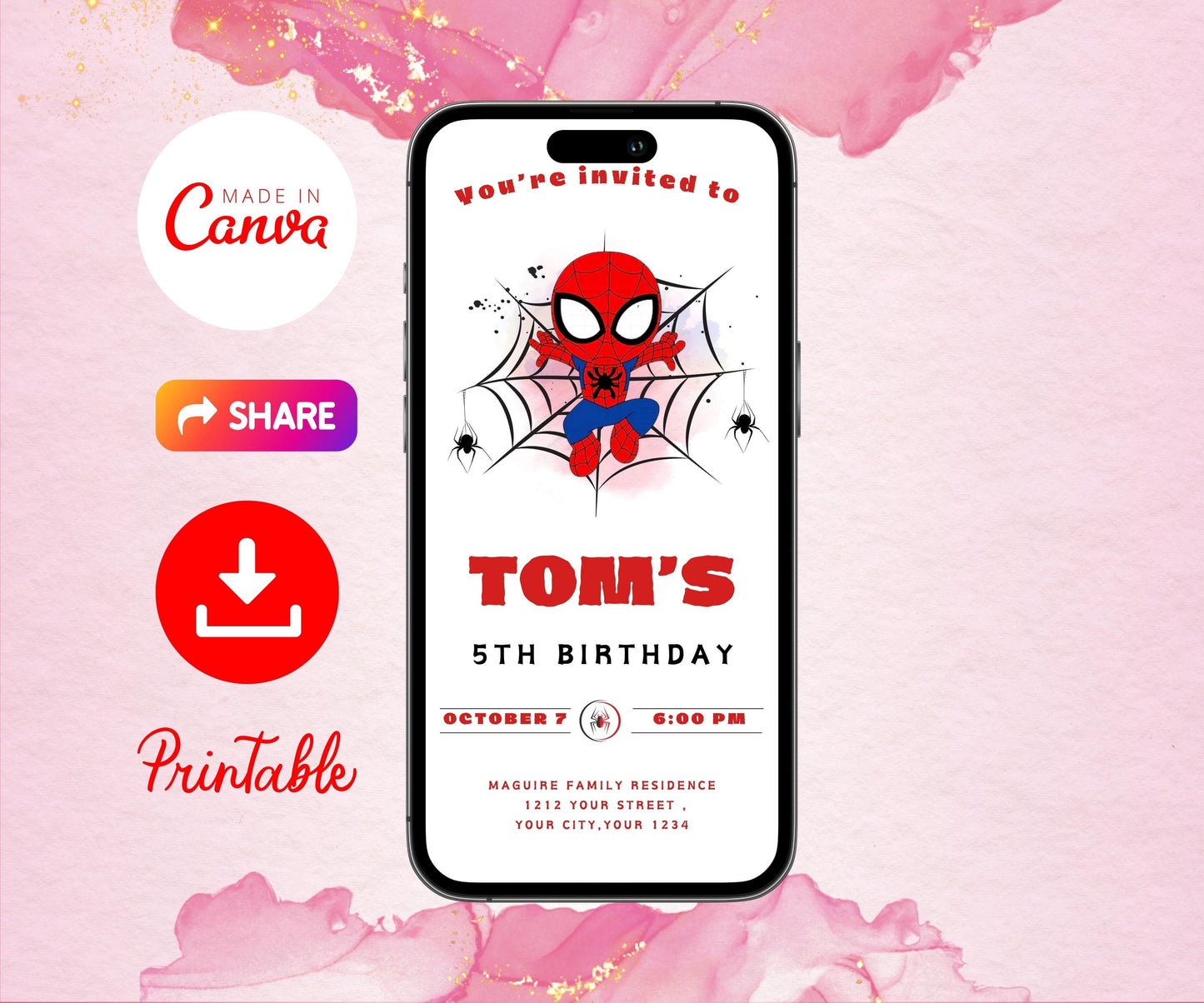 Editable Spiderman Mobile Invitation | Spiderman Birthday Party evite | Spider man Electronic Evite | Editable With Canva | Instant Download