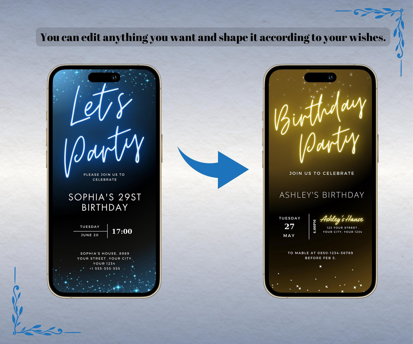 Neon Blue Light Digital Party e-invite Template, Birthday Text Message Invitation, Downloadable Phone Party Evite, Black Neon Blue e-Invite