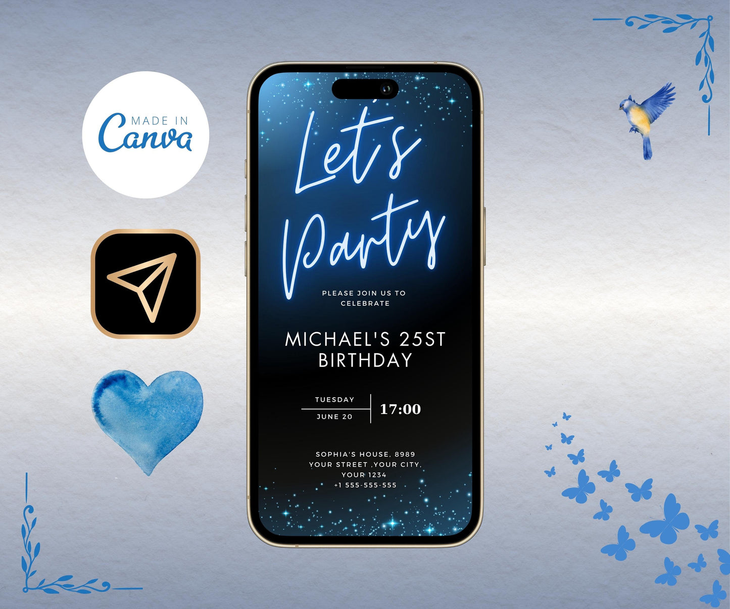 Neon Blue Light Digital Party e-invite Template, Birthday Text Message Invitation, Downloadable Phone Party Evite, Black Neon Blue e-Invite