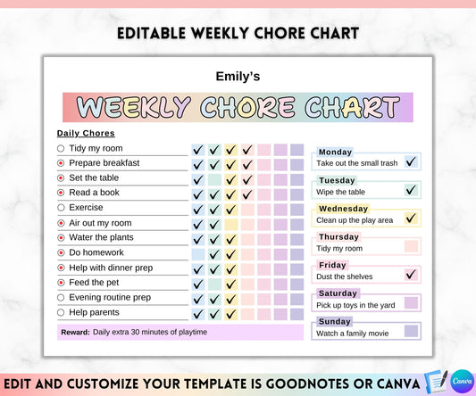 Editable Chore Chart for Kids | Printable | Kids Daily Weekly Responsibility Chart | Kids Chore List | Kids Daily Routine Checklist | PDF