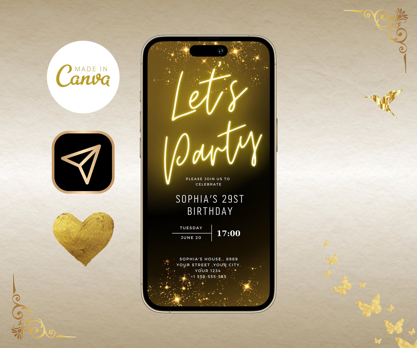 Neon Gold Light Digital Party e-invite Template, Birthday Text Message Invitation, Downloadable Phone Party Evite, Black Neon Gold e-Invite