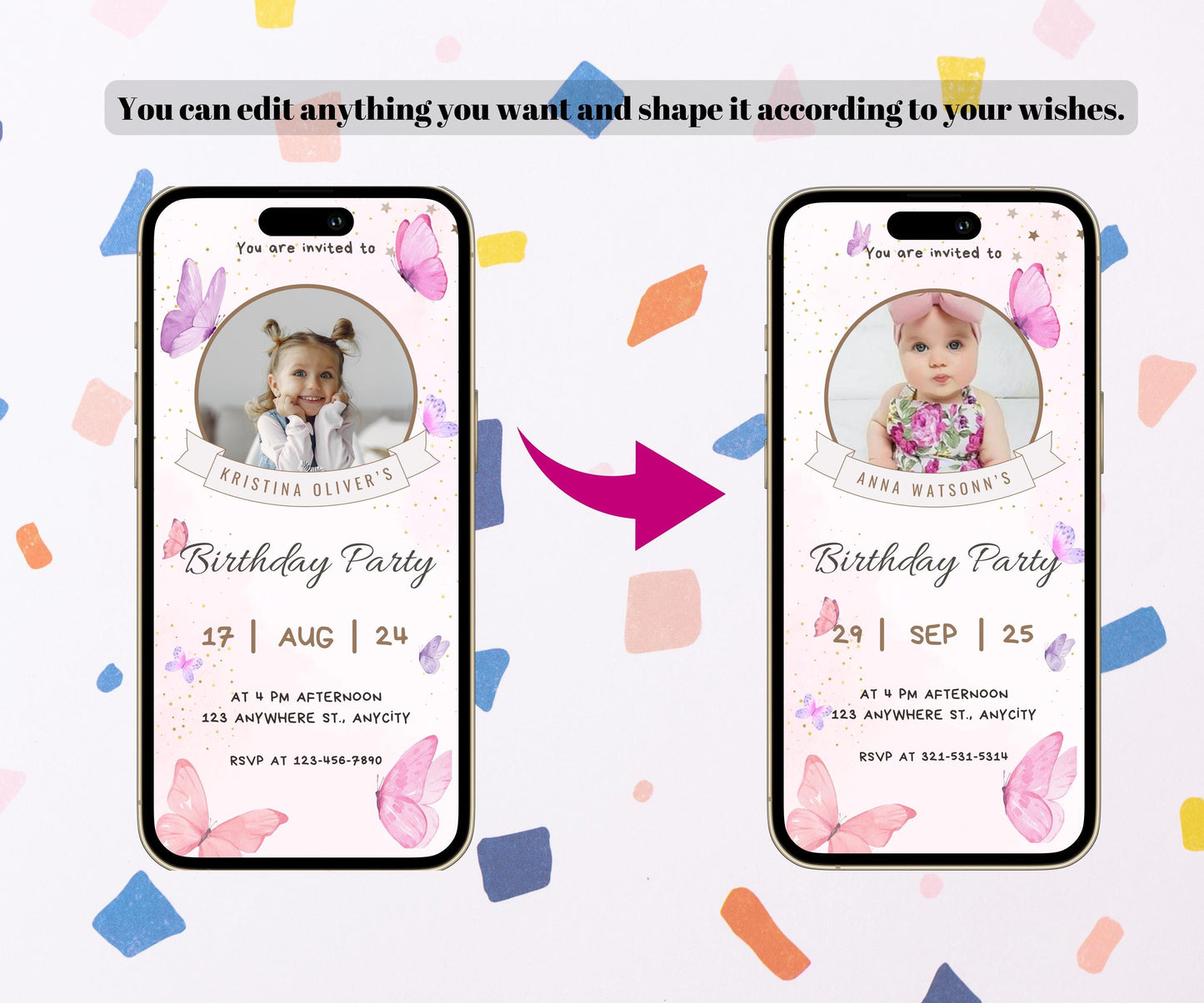 EDITABLE Butterfly Birthday Invitation Template, Pink Butterfly With Photo Kisses Invite, Girl First Birthday, Butterfly, Phone Party Evite