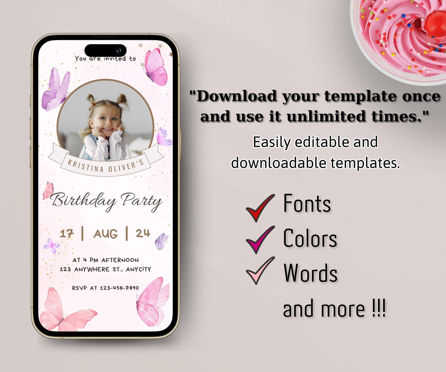 EDITABLE Butterfly Birthday Invitation Template, Pink Butterfly With Photo Kisses Invite, Girl First Birthday, Butterfly, Phone Party Evite