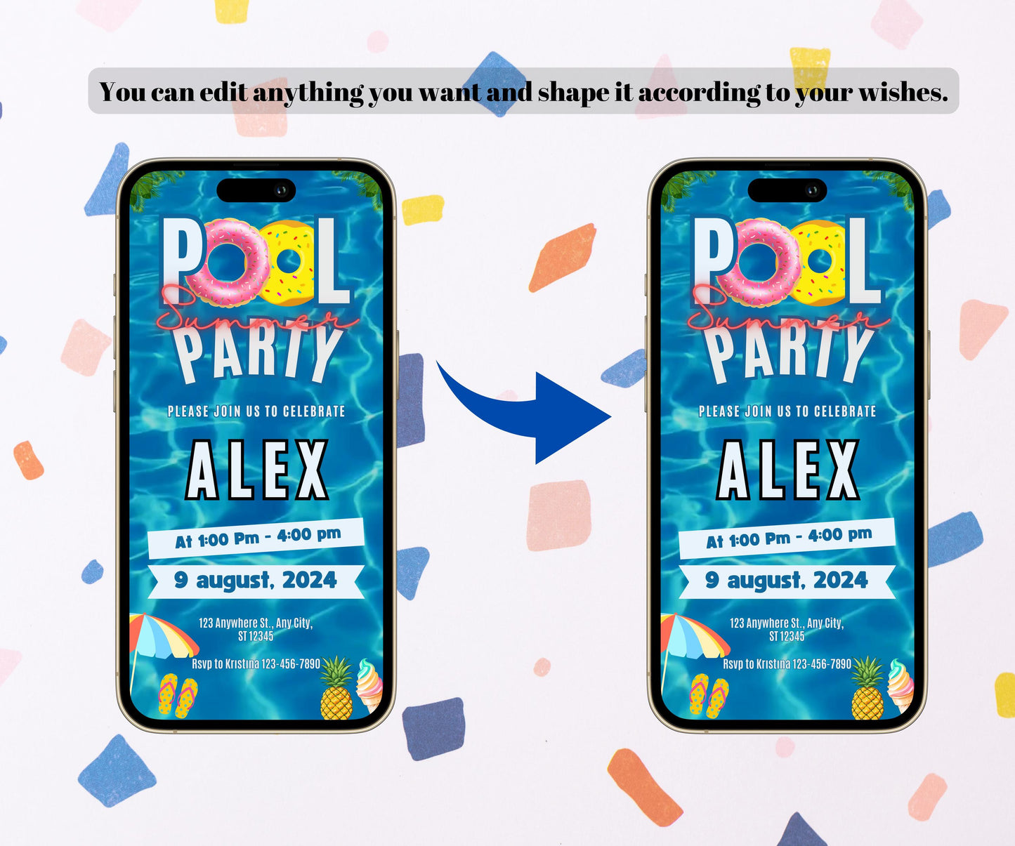 Pool Party Editable Invitation, Animated Summer Birthday Party Evite, Video Text Invitation, Pool Party Invitation, Electronic Invite