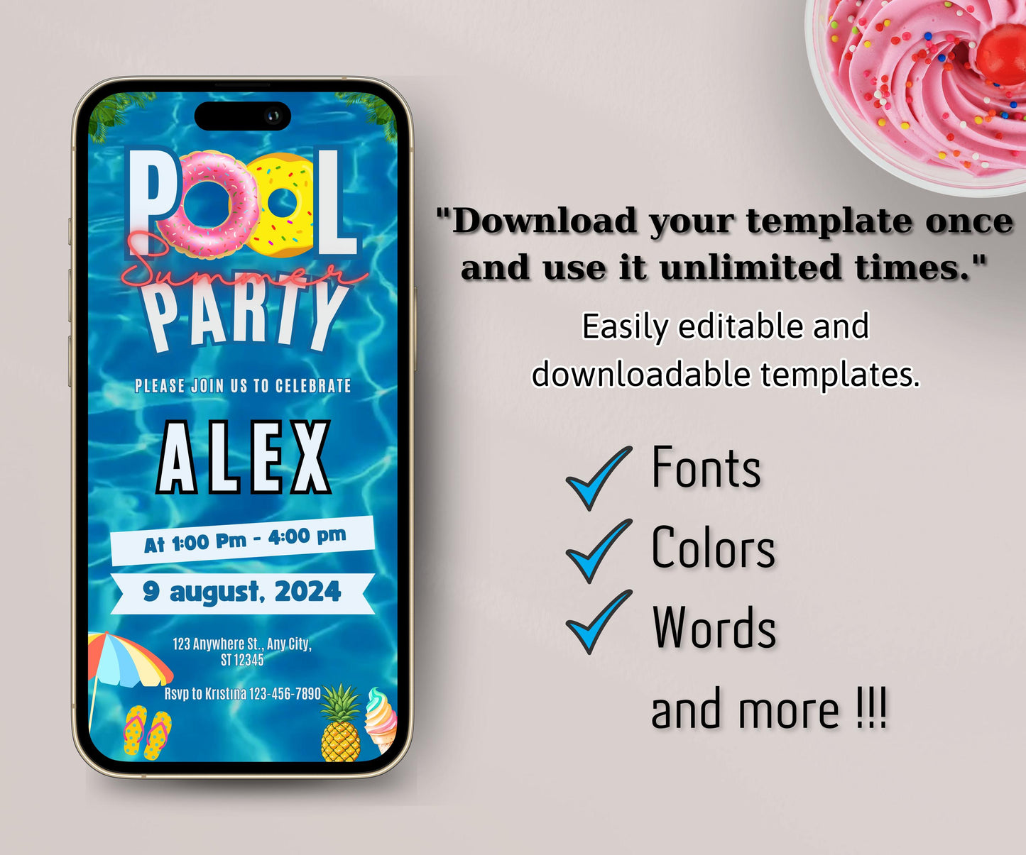 Pool Party Editable Invitation, Animated Summer Birthday Party Evite, Video Text Invitation, Pool Party Invitation, Electronic Invite