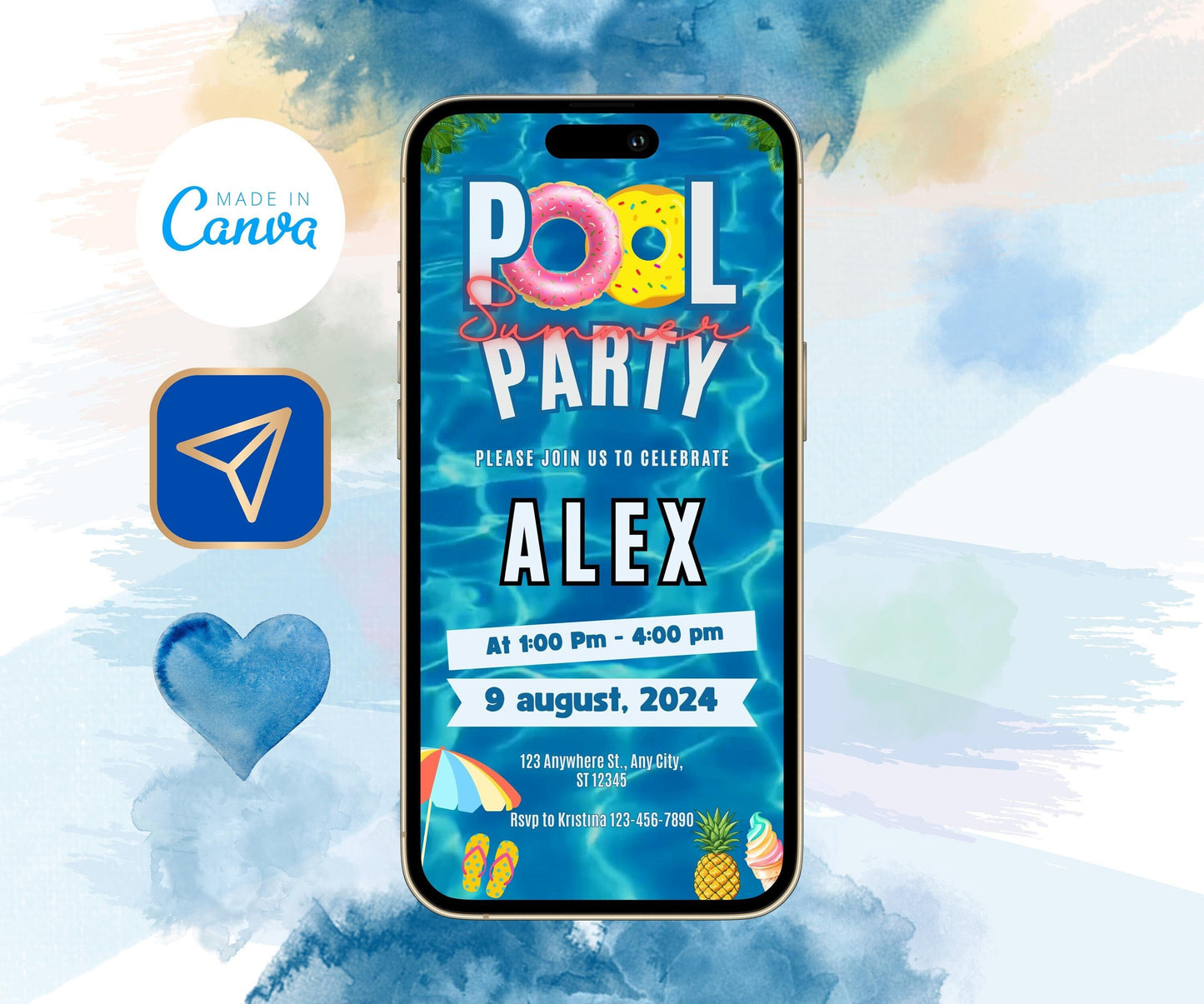 Pool Party Editable Invitation, Animated Summer Birthday Party Evite, Video Text Invitation, Pool Party Invitation, Electronic Invite