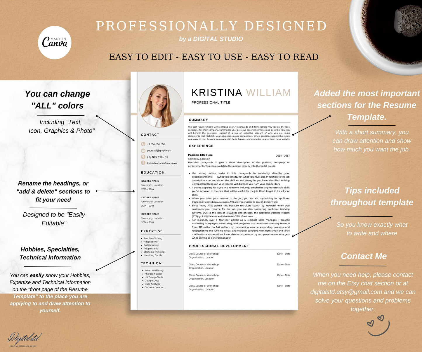 Resume Template, Canva Modern Resume Template with Photo, Resume Template, Canva Creative Resume, Cover Letter, Professional CV Template