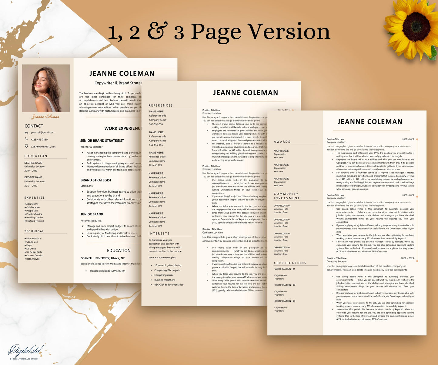 Resume Template, Modern Resume Template with Photo, Resume Template for Word and Pages, Cover Letter, Professional CV 1, 2, 3 Page Template