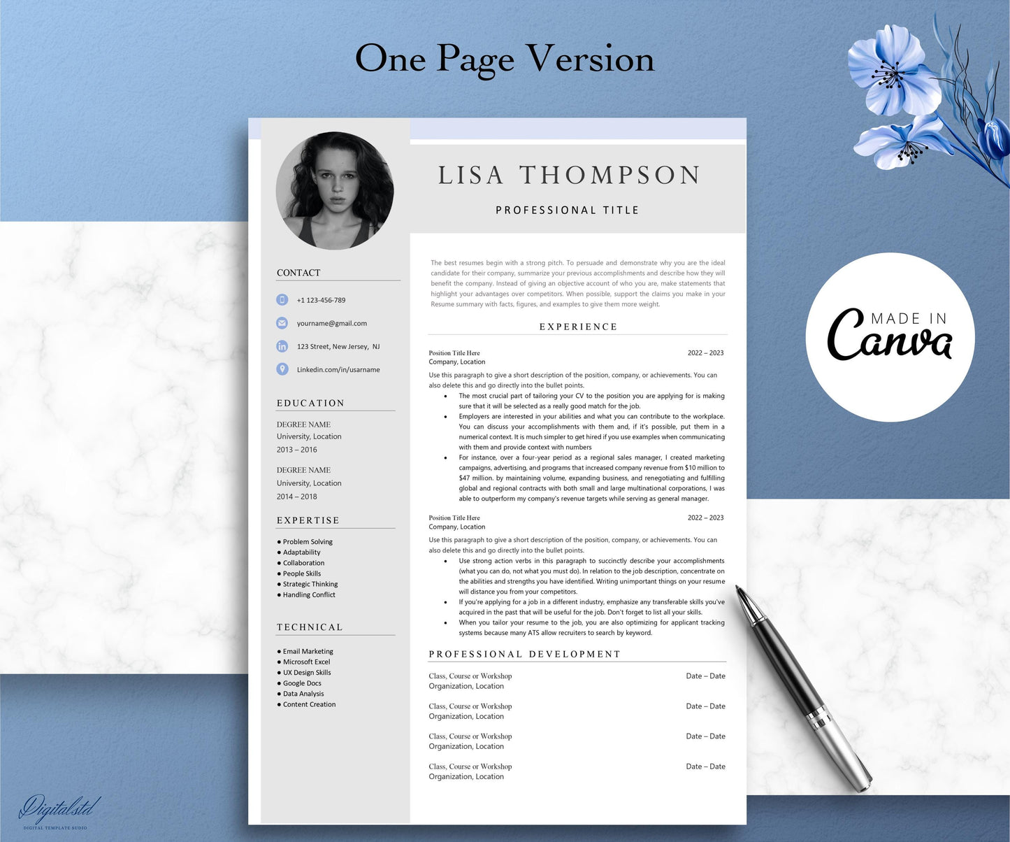 Resume CV Template for Word Pages, 1, 2 3 Page Resume Template with Photo, Modern Resume Template, Minimalist Professional Cv with photo