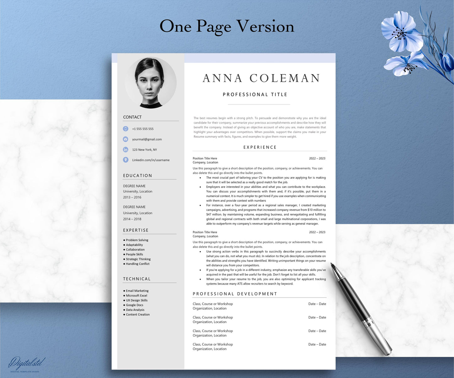 Editable Modern CV TEMPLATE For Microsoft Word and Pages, Professional Resume Template or Download Save to PDF Format Blue Resume Template