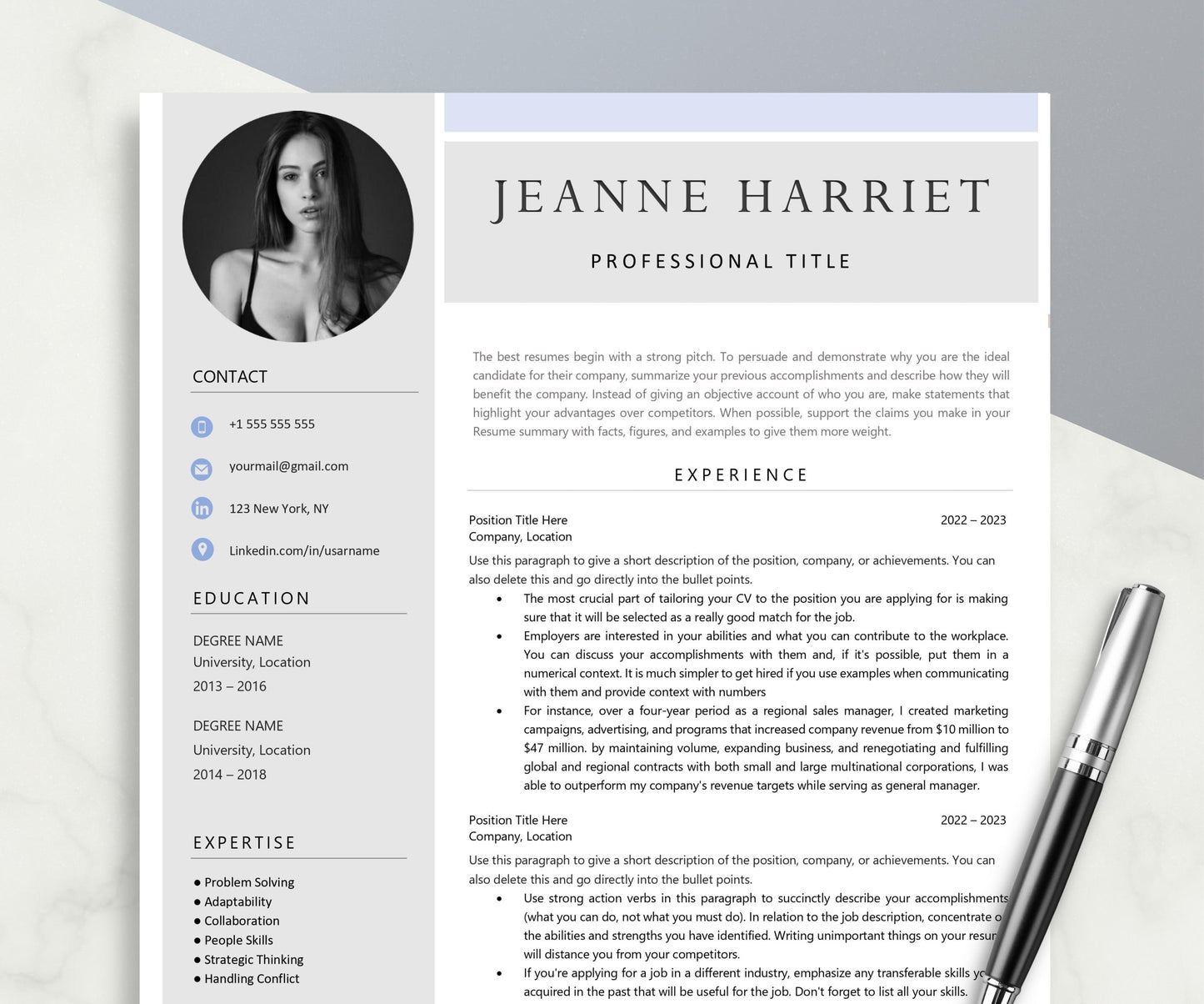 Resume Template, Modern Professional Resume Template Word & Mac Pages, Clean Executive Resume Template with Photo, CV Blue Template