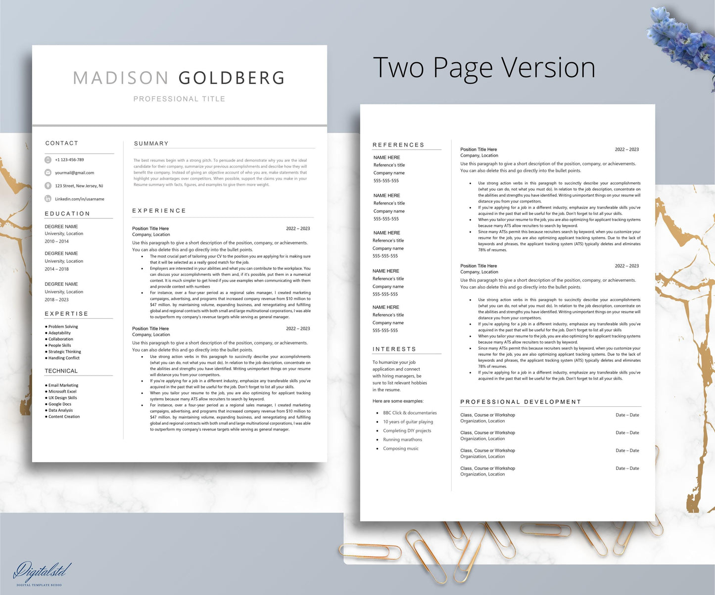 Professional Resume Template, Word and Pages 1-2-3 Page Resume Template, Cover Letter & References Template, Modern Minimalist CV Template