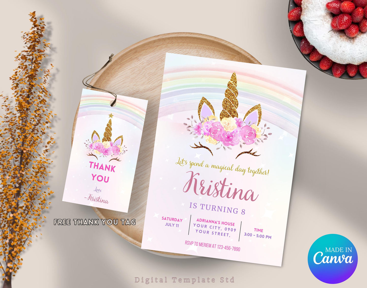 Unicorn Birthday Invitation Rainbow Unicorn Party Invite Pink Purple Gold Floral Unicorn Girl Birthday Invite Editable Digital Download