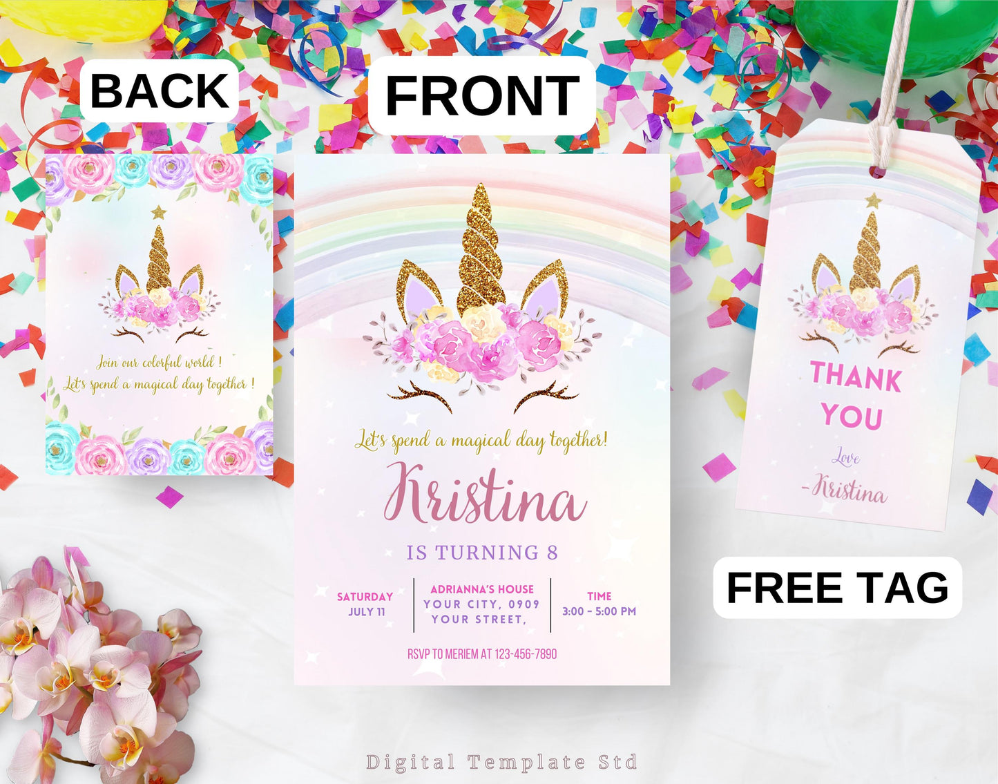 Unicorn Birthday Invitation Rainbow Unicorn Party Invite Pink Purple Gold Floral Unicorn Girl Birthday Invite Editable Digital Download