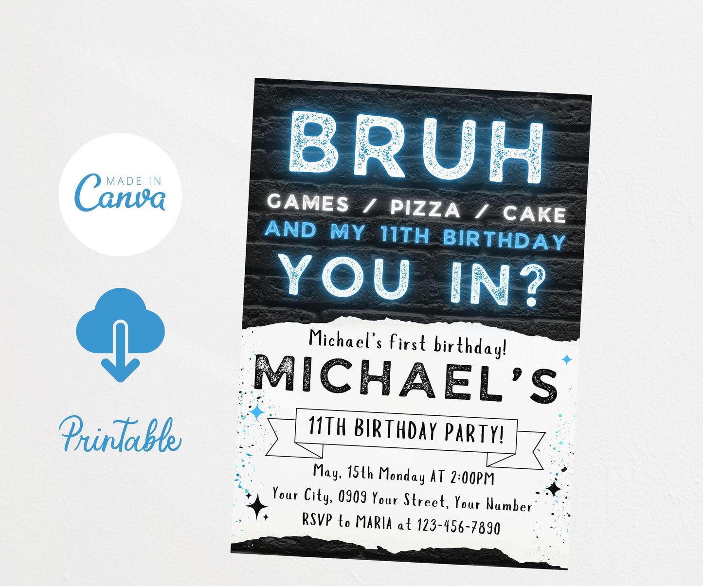 Bruh Birthday Invitation Template, Neon Bruh You In Birthday Invitation, Bruh Neon Birthday Party, Neon Bruh Teenager Boys Party Invite