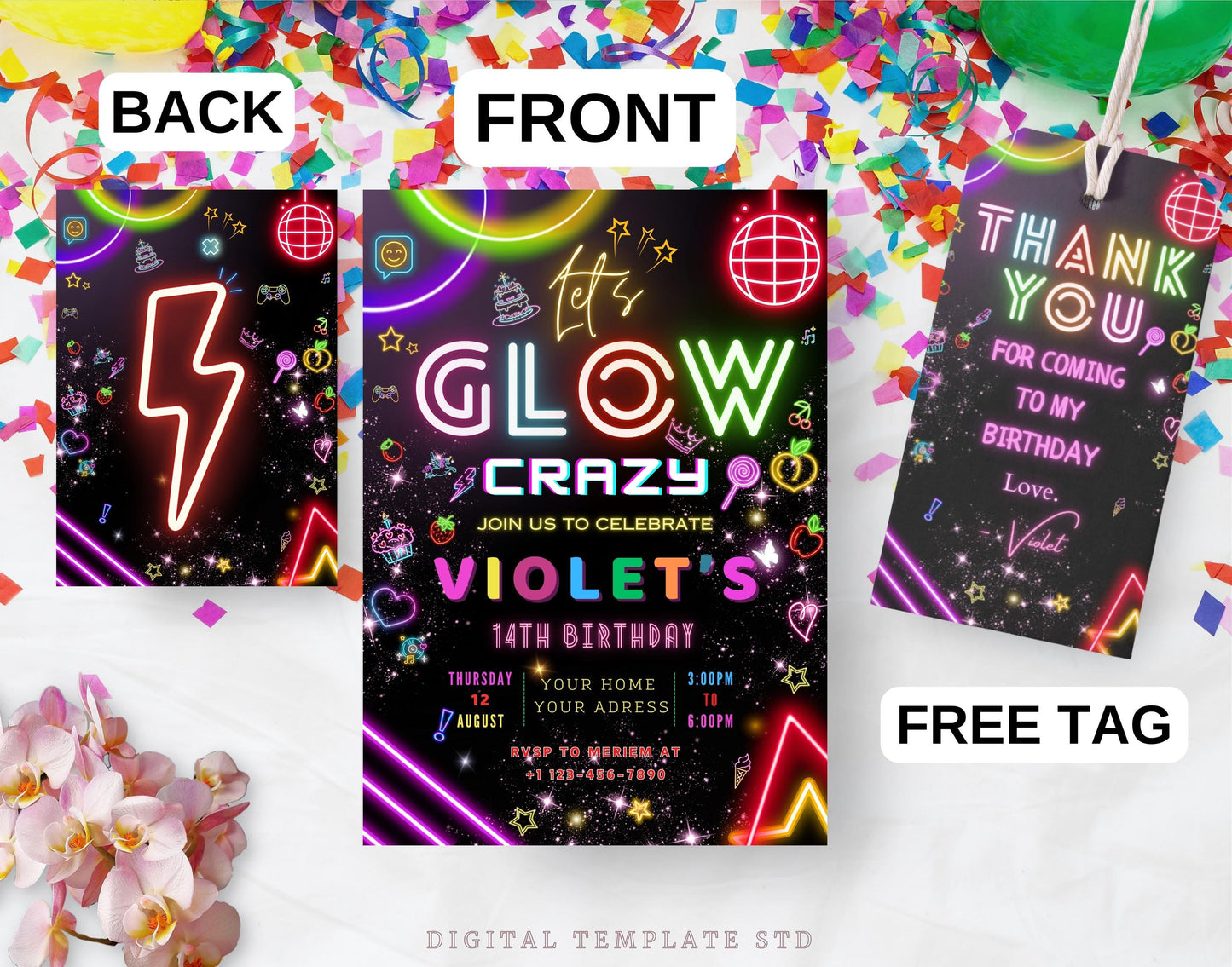 Glow Party Birthday Invitation, Glow Invitation, girl, boy, Neon Party Invite, Neon Lights, Glow Party Template, Editable Canva, Glow Evite