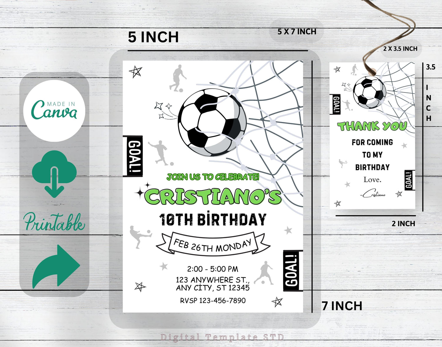 Editable Soccer Birthday Invitation Template, Printable Football Birthday Party Invitations, Kids Soccer Party Invite, Thank You Party Tag