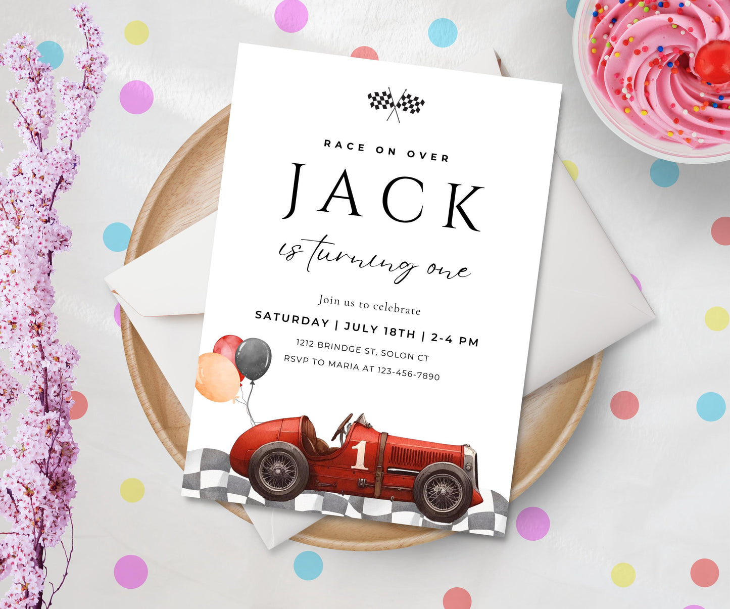 Vintage Red Race Car Birthday Invitation, Editable Fast One Birthday, Any Age, Two Fast, Digital Template, INSTANT DOWNLOAD