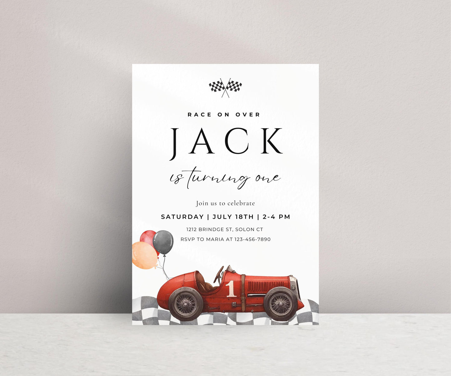 Vintage Red Race Car Birthday Invitation, Editable Fast One Birthday, Any Age, Two Fast, Digital Template, INSTANT DOWNLOAD