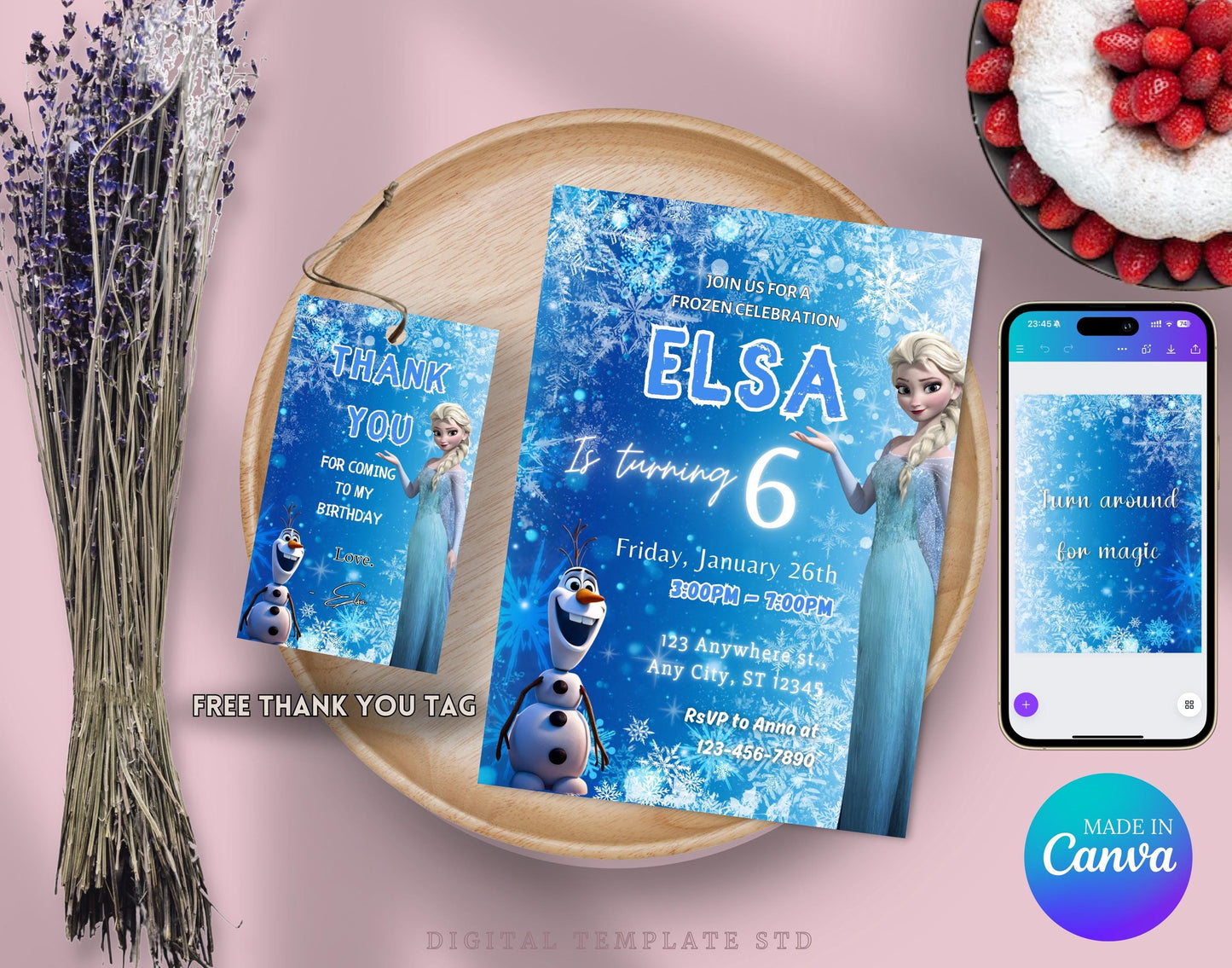 FROZEN Invitation Elsa Birthday Invitation Winter Snow Birthday Printable,Editable Frozen Olaf Invite Instant Download, Elsa Thank You TAG