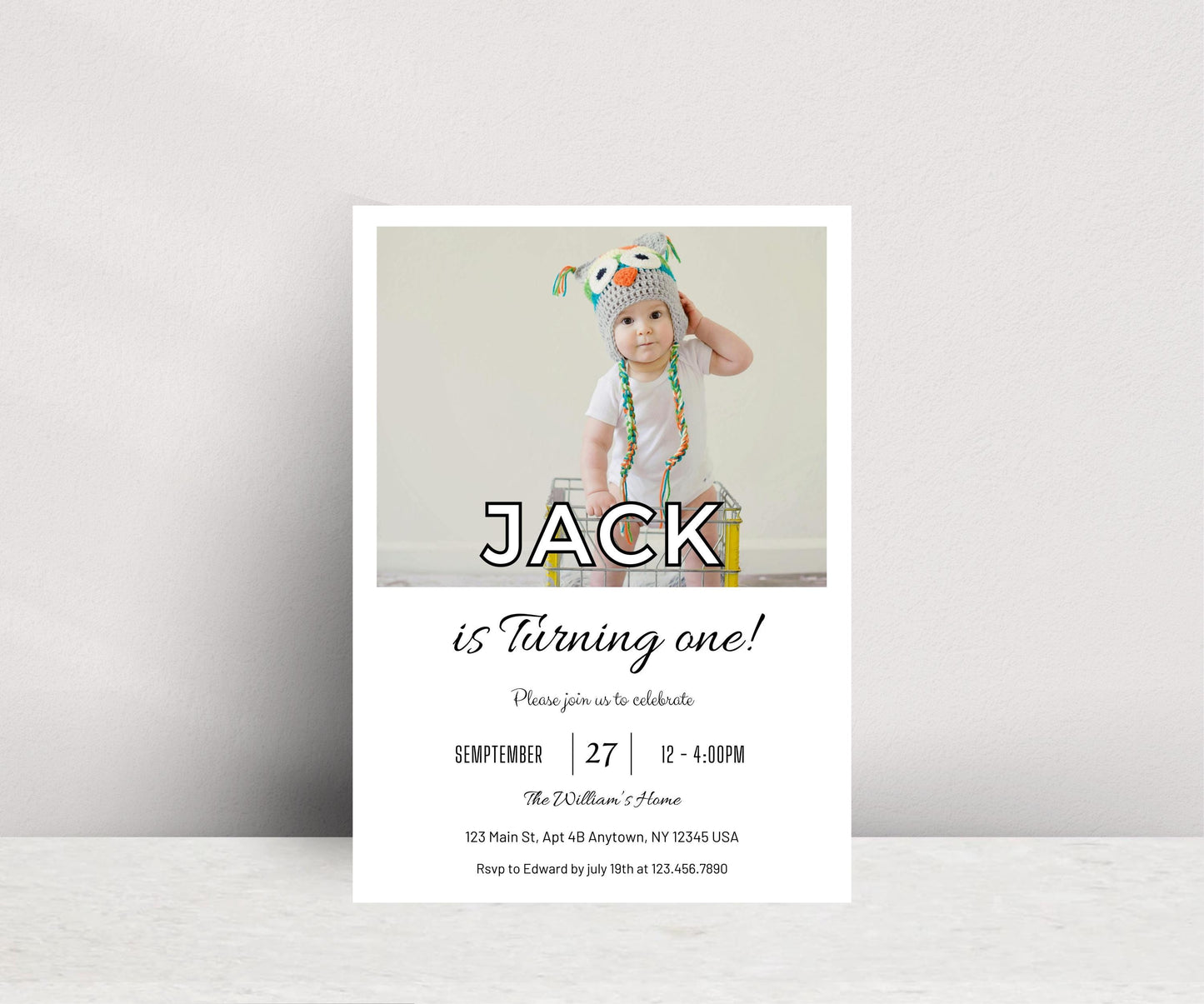 Editable 1st Birthday Photo Invitation, Minimal First Birthday Invite Template, Boy First Birthday Invitation, Instant Download