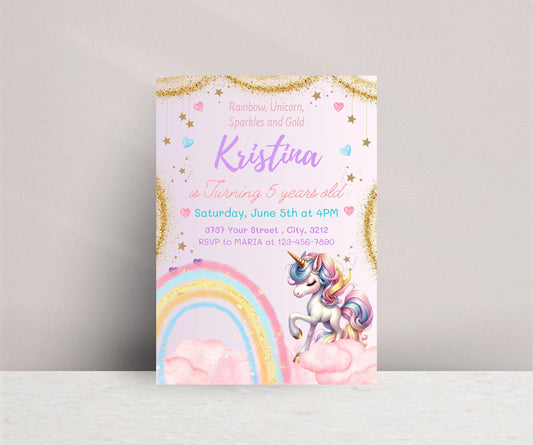 Unicorn Pastel Birthday Invitation, Rainbow Unicorn Sparkles and Gold Invitation, Printable Watercolor 1st Birthday Girl Unicorn Invitation