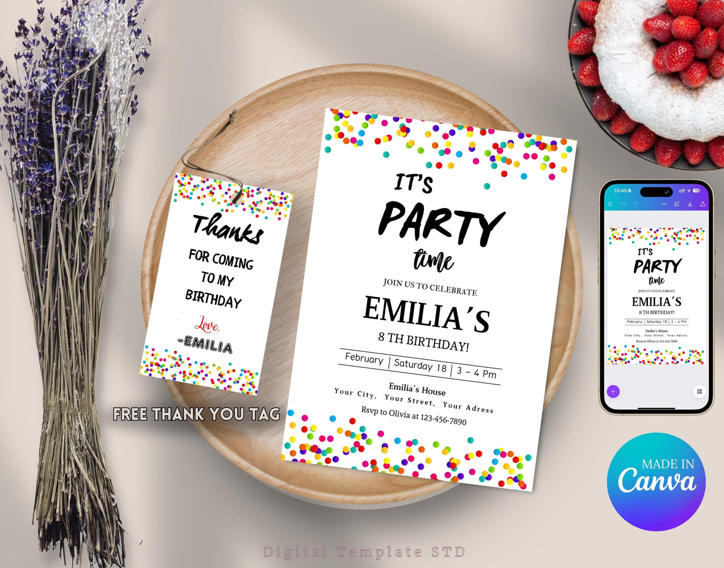 Editable Confetti Party Invitation, Rainbow It's Party Time, Colorful Confetti Birthday Invite, Printable Simple Birthday Invitations