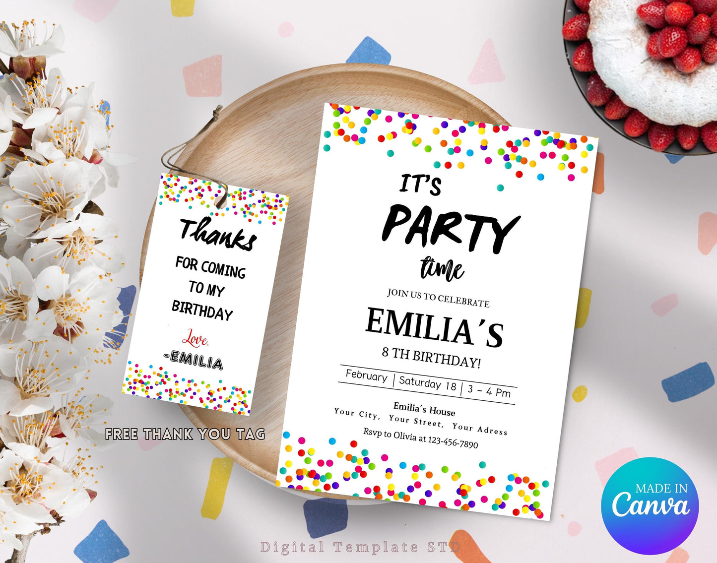 Editable Confetti Party Invitation, Rainbow It's Party Time, Colorful Confetti Birthday Invite, Printable Simple Birthday Invitations