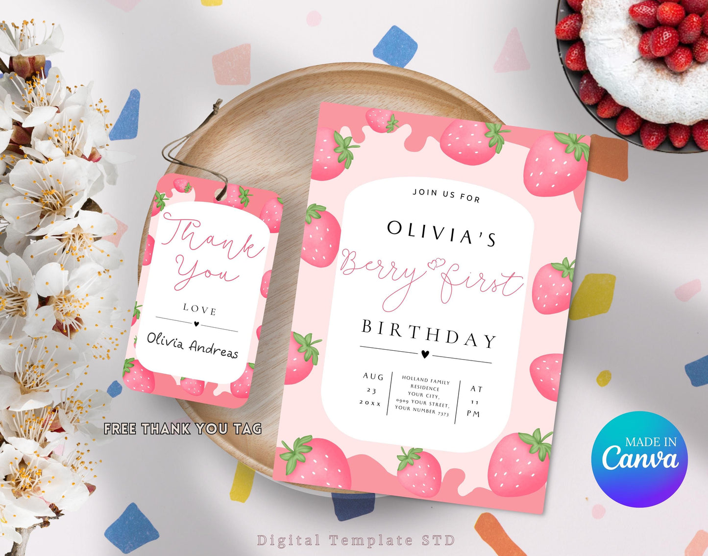 Strawberry First Birthday Invitation Template, Editable Girl 1st Birthday Party Invite, Printable Sweet StrawBerry First Birthday Invitation