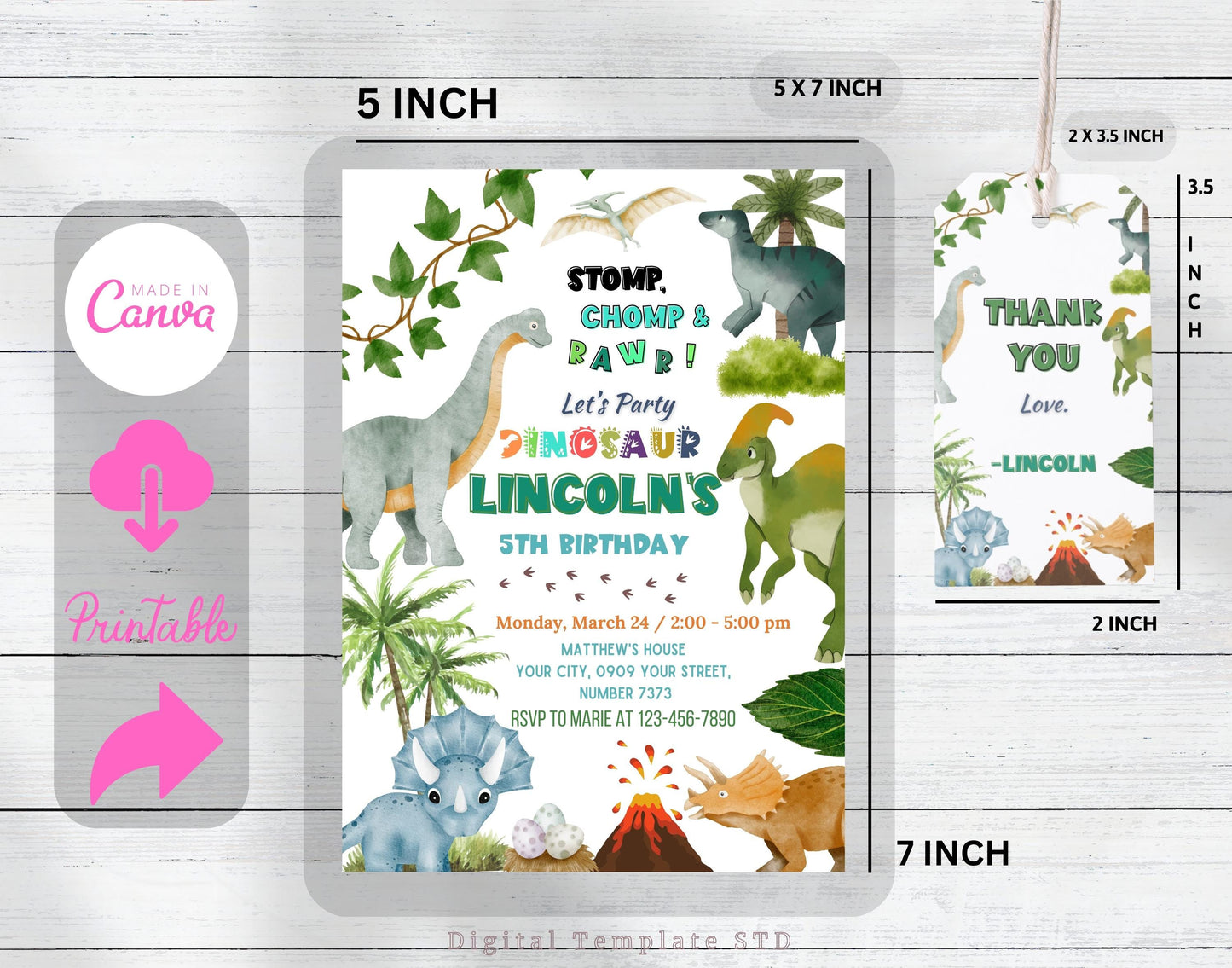 Dinosaur Birthday Party Invitation Template, Editable Dinosaur Birthday Invitation, Forest Dinosaur Birthday Invite, Dinosaur thank you tag