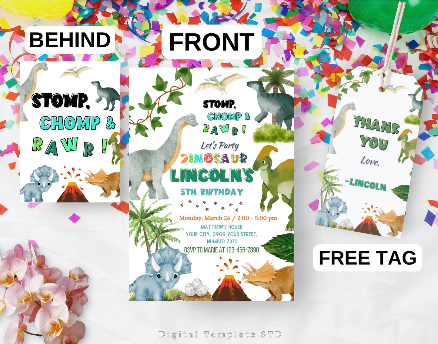 Dinosaur Birthday Party Invitation Template, Editable Dinosaur Birthday Invitation, Forest Dinosaur Birthday Invite, Dinosaur thank you tag