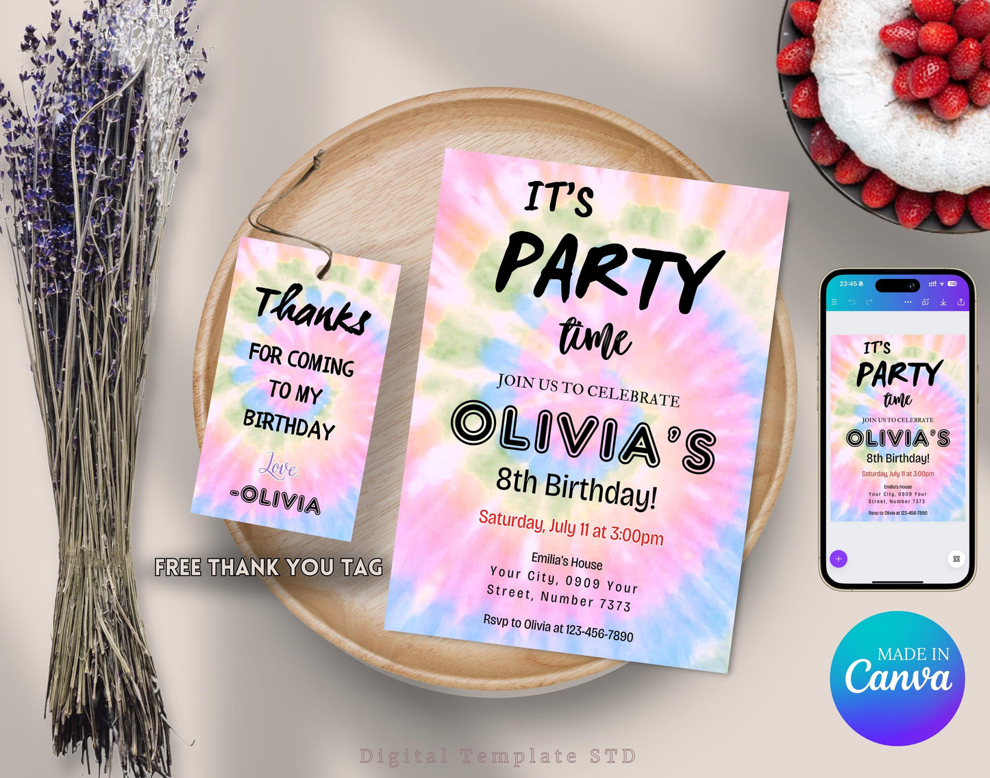 Editable Tie Dye Birthday Invitation, Pritanble Tie Dye Birthday Invitations, Rainbow Tie Dye Party Printable Invitations Tie-Dye Template