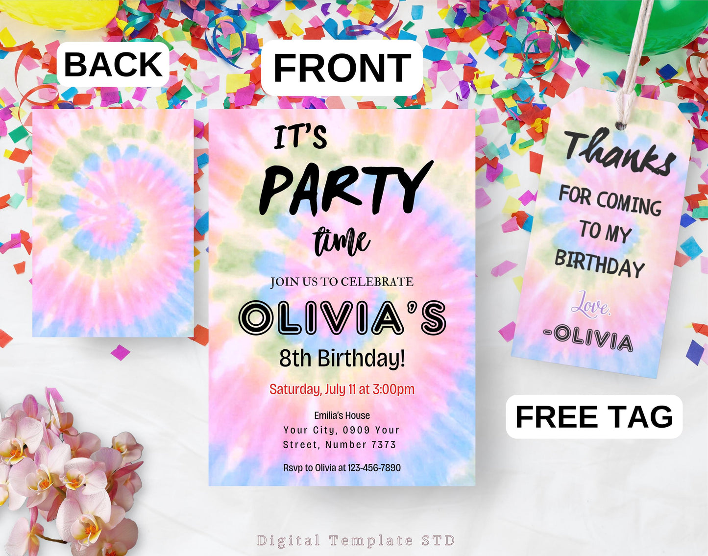 Editable Tie Dye Birthday Invitation, Pritanble Tie Dye Birthday Invitations, Rainbow Tie Dye Party Printable Invitations Tie-Dye Template