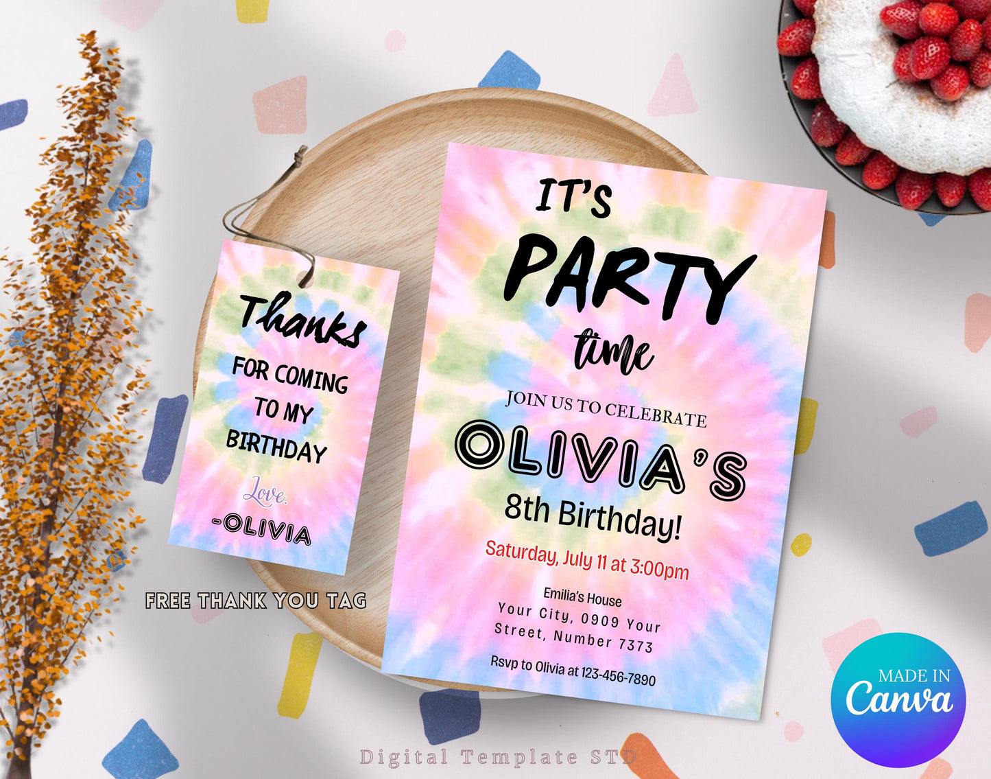 Editable Tie Dye Birthday Invitation, Pritanble Tie Dye Birthday Invitations, Rainbow Tie Dye Party Printable Invitations Tie-Dye Template