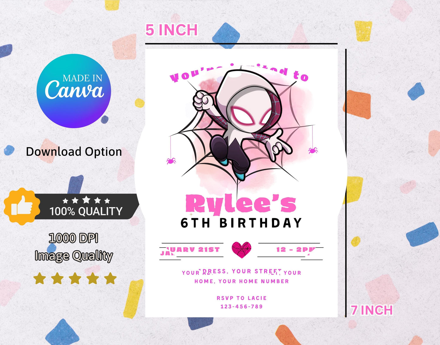 Editable Girl Ghost Spidey Birthday Invitation, Gwen Birthday Party Invitation, Printable Gwen Invitation Template, Gwen Thank You Party Tag