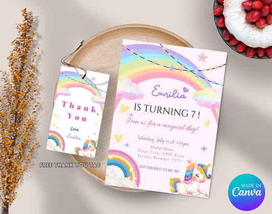 Editable Unicorn girl’s birthday pink Invitation, Printable Unicorn Party Invitation, Digital Rainbow Unicorn Party Invitation Template