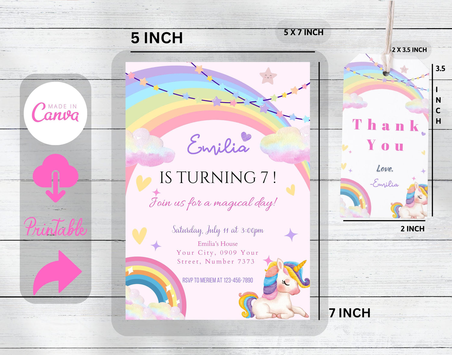 Editable Unicorn girl’s birthday pink Invitation, Printable Unicorn Party Invitation, Digital Rainbow Unicorn Party Invitation Template