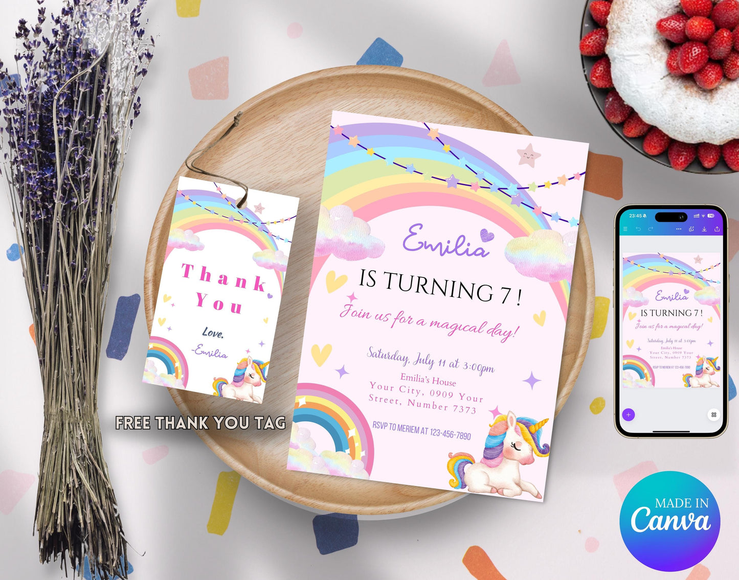 Editable Unicorn girl’s birthday pink Invitation, Printable Unicorn Party Invitation, Digital Rainbow Unicorn Party Invitation Template