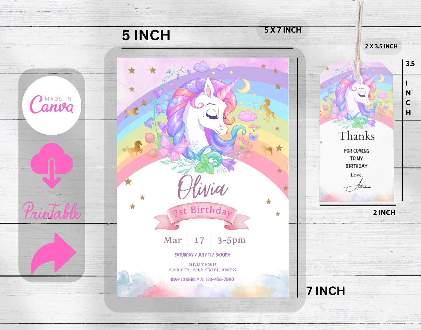 Editable Unicorn Rainbow Birthday Invitation, Girl Birthday Party Invite, Digital Printable Rainbow Invitation, Rainbow Unicorn Flowers Gold