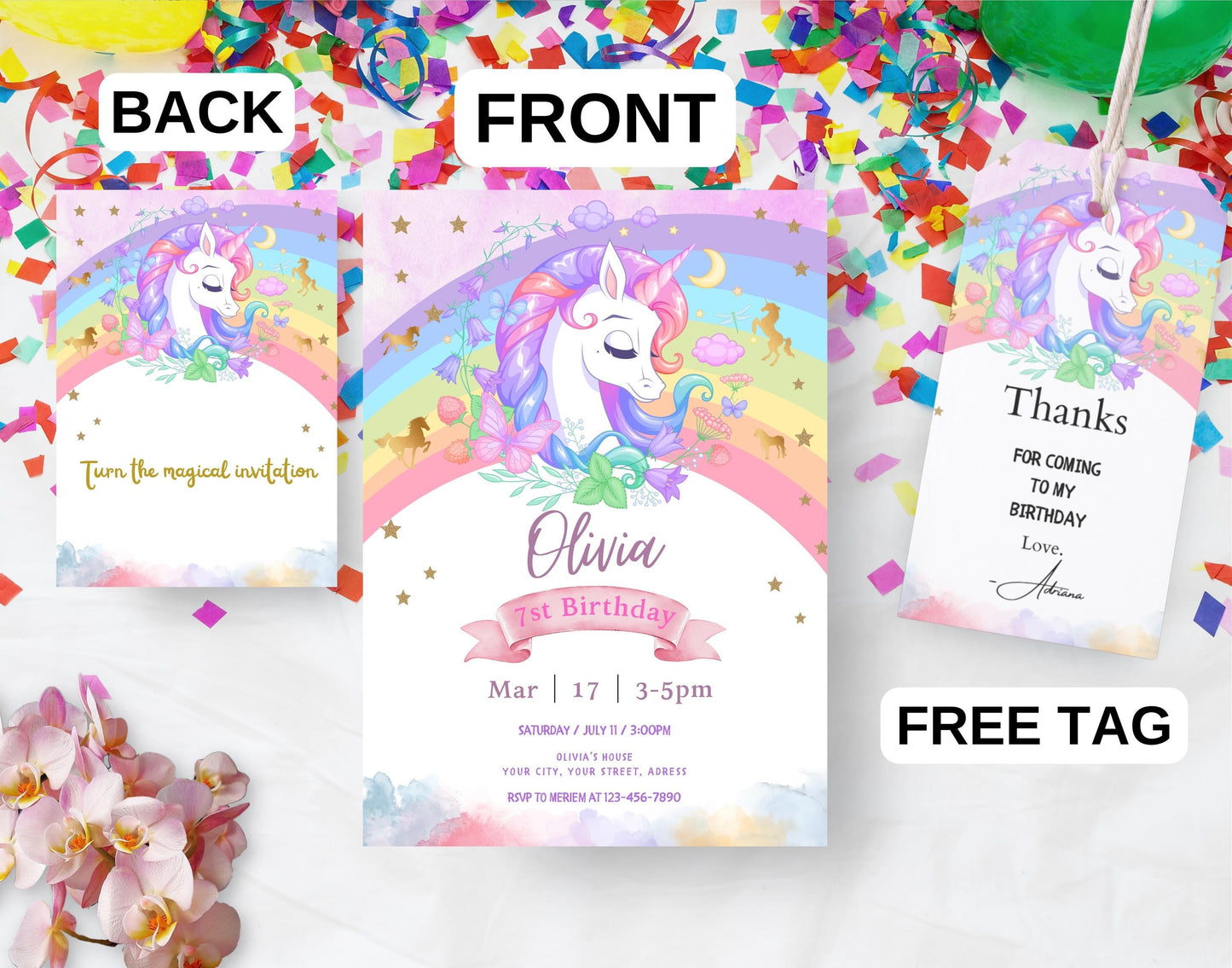 Editable Unicorn Rainbow Birthday Invitation, Girl Birthday Party Invite, Digital Printable Rainbow Invitation, Rainbow Unicorn Flowers Gold