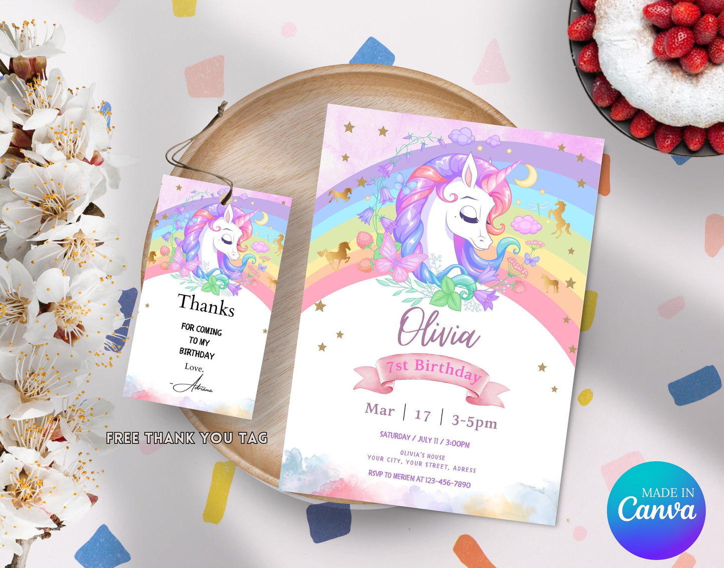 Editable Unicorn Rainbow Birthday Invitation, Girl Birthday Party Invite, Digital Printable Rainbow Invitation, Rainbow Unicorn Flowers Gold