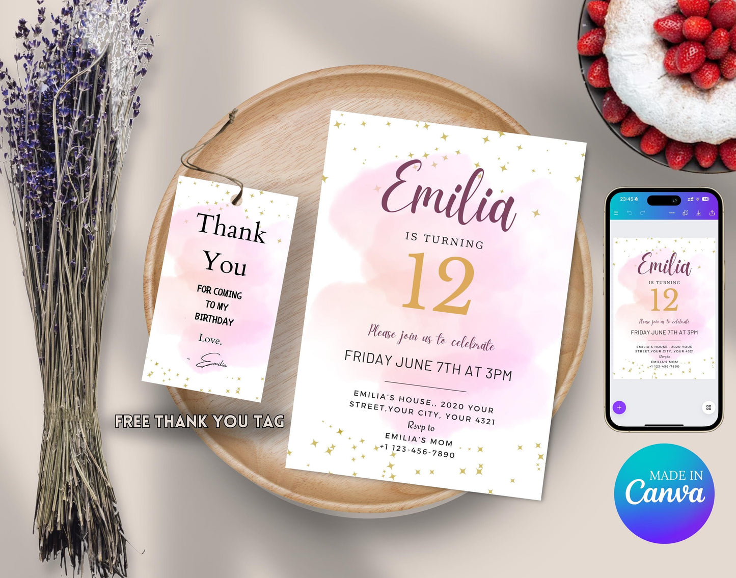 Editable Watercolour Pink Invitation Template, Printable Rainbow Colourful Party Invitation, Watercolour Pink Birthday Invitation, For Girl