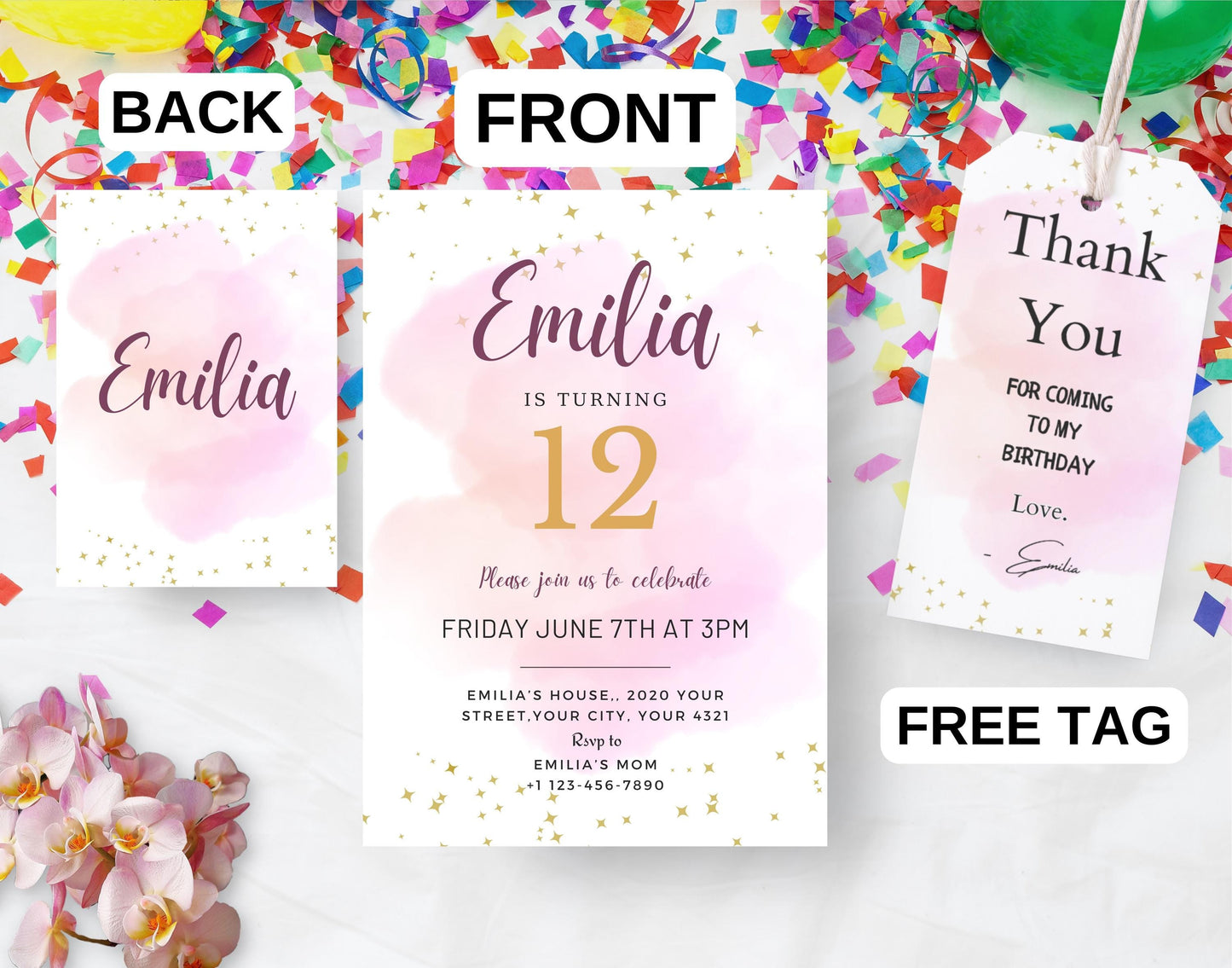 Editable Watercolour Pink Invitation Template, Printable Rainbow Colourful Party Invitation, Watercolour Pink Birthday Invitation, For Girl